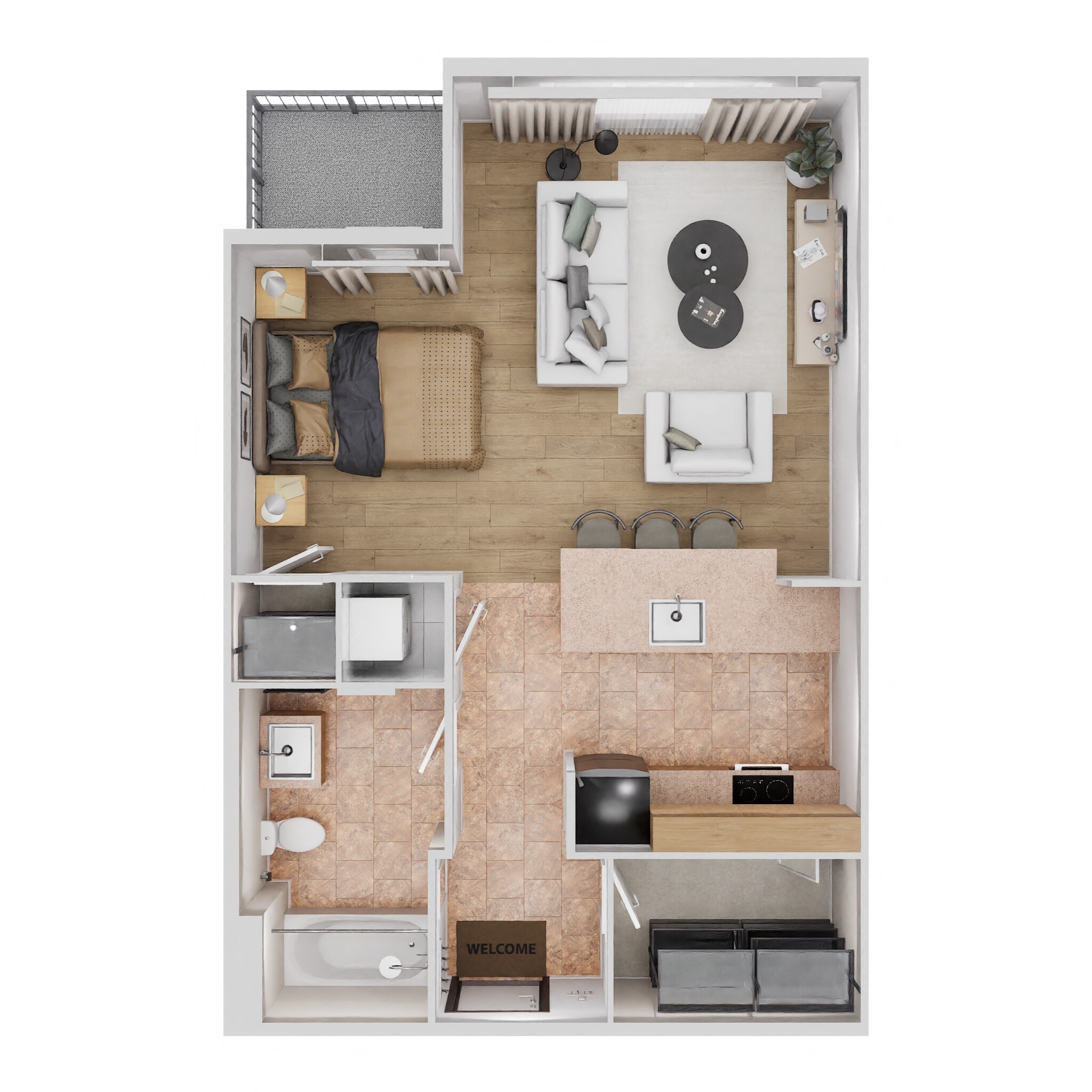 Floor plan for 1 bed, 1 bath, 586 sqft